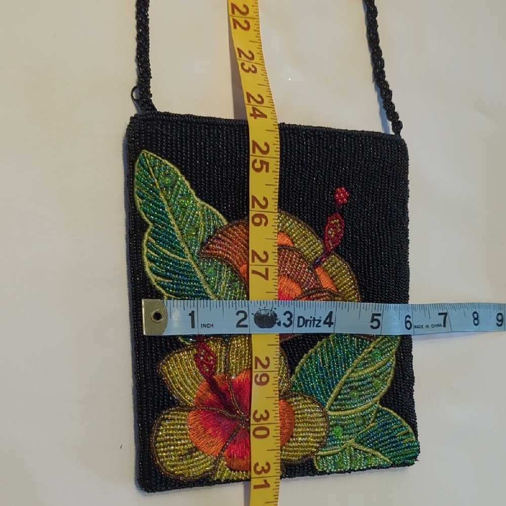 Black Beaded Crossbody Bag with Multicolor Floral Embroidery - Picture 6 of 7